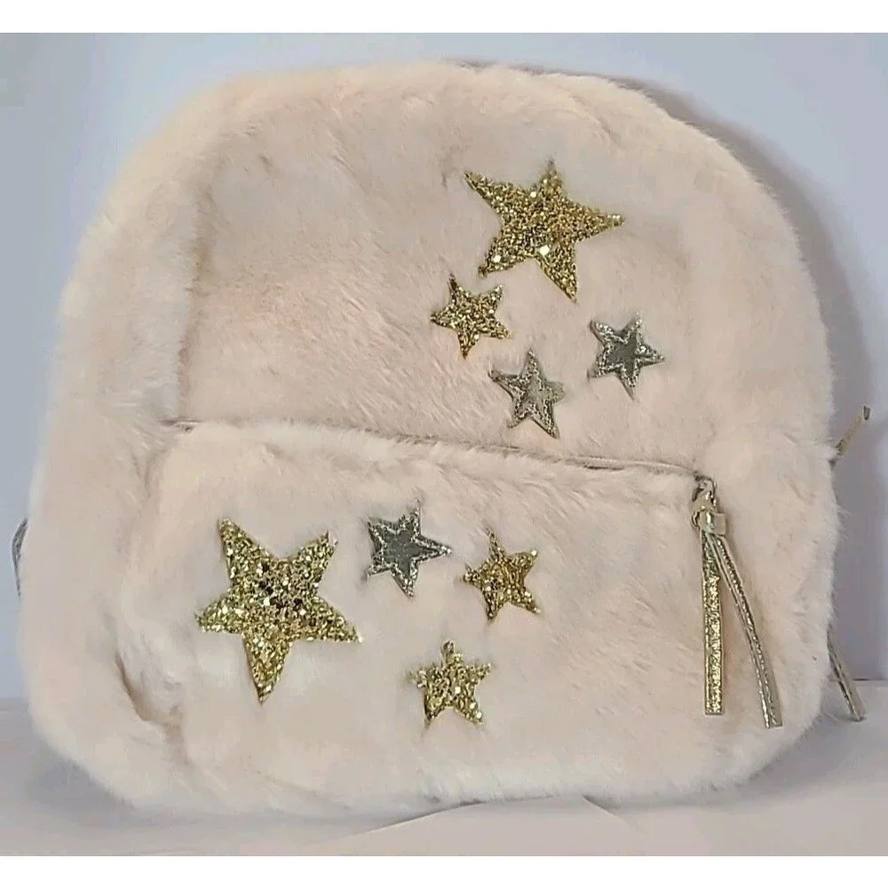 Gold Metallic Faux Fur Pink Backpack w/ Silver Gold Stars Toddler Little Girl